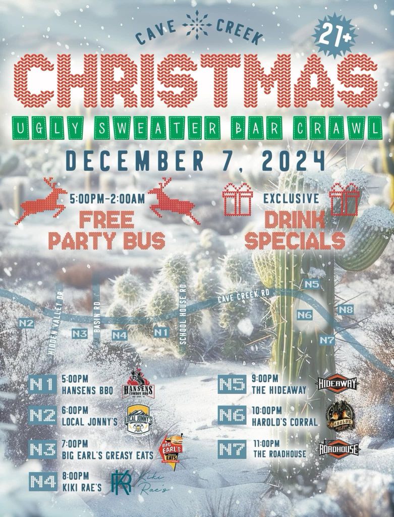 Christmas ugly sweater pub crawl in cave creek