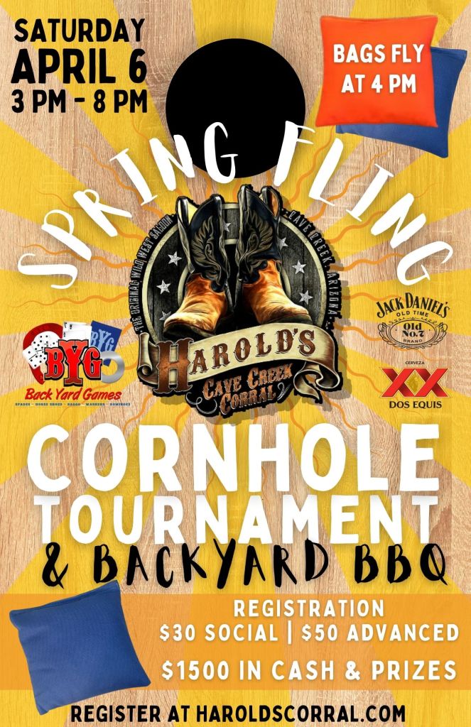 Spring Fling cornhole tournament and backyard BBQ at Harold's Corral in Cave Creek