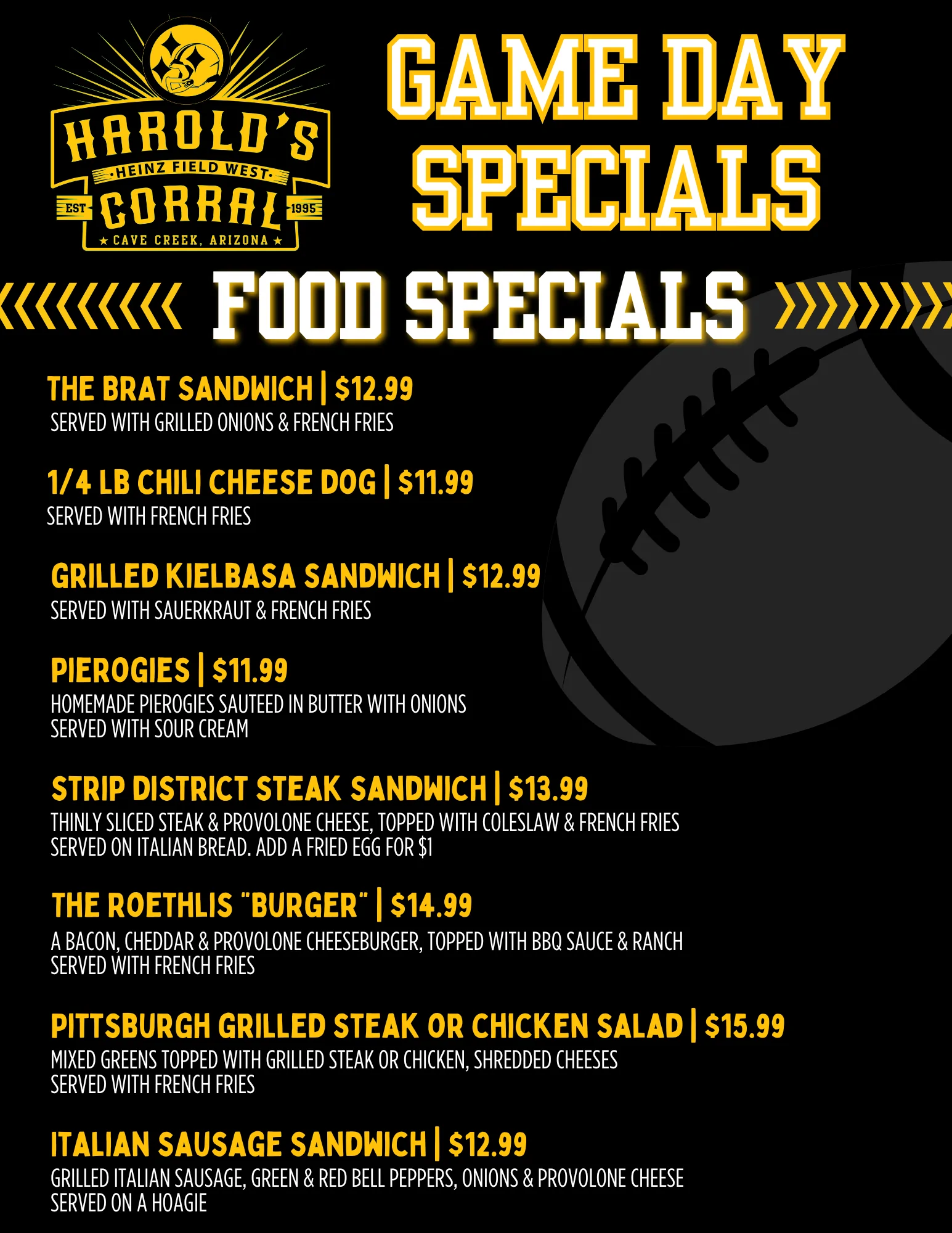 steelers game day menu at harold's corral in cave creek