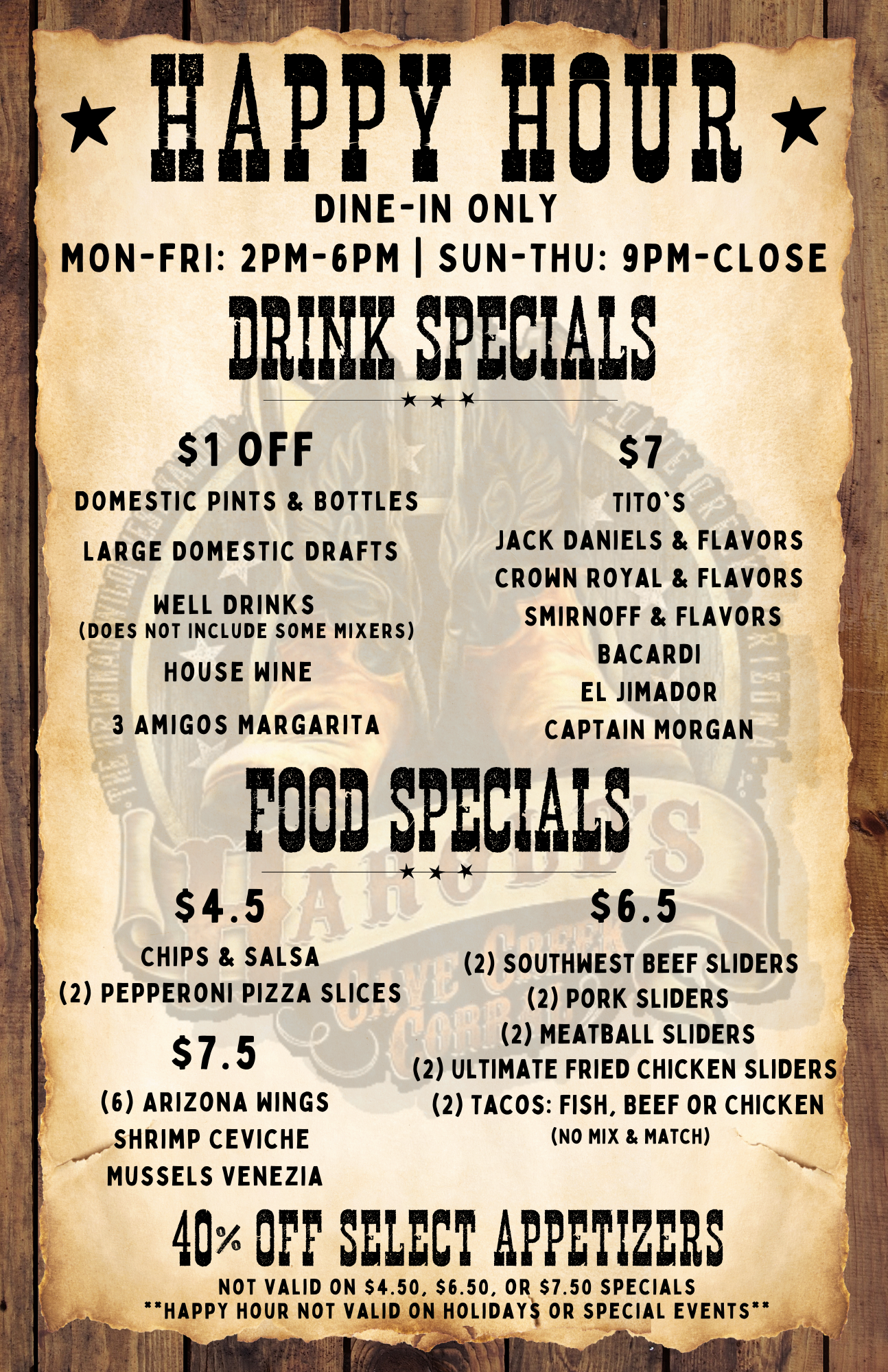 Happy hour menu at Harold's Corral in cave creek