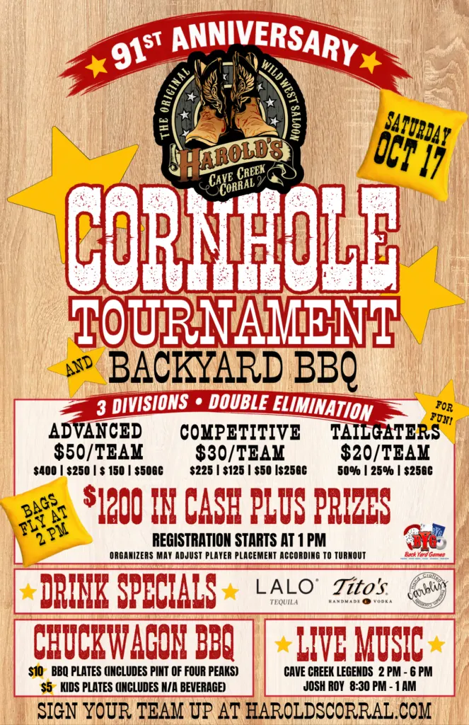 Anniversary cornhole tournament at harold's corral in cave creek