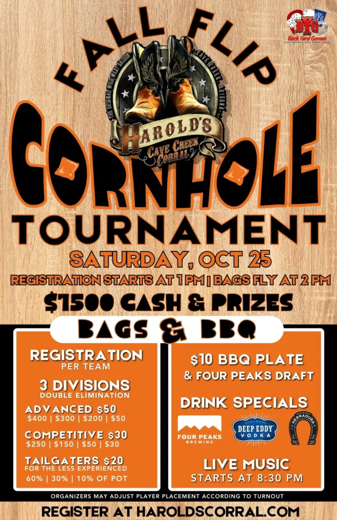 fall flip cornhole tournament at harold's corral in cave creek