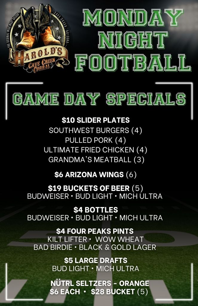 monday night football game day specials at harold's corral in cave creek