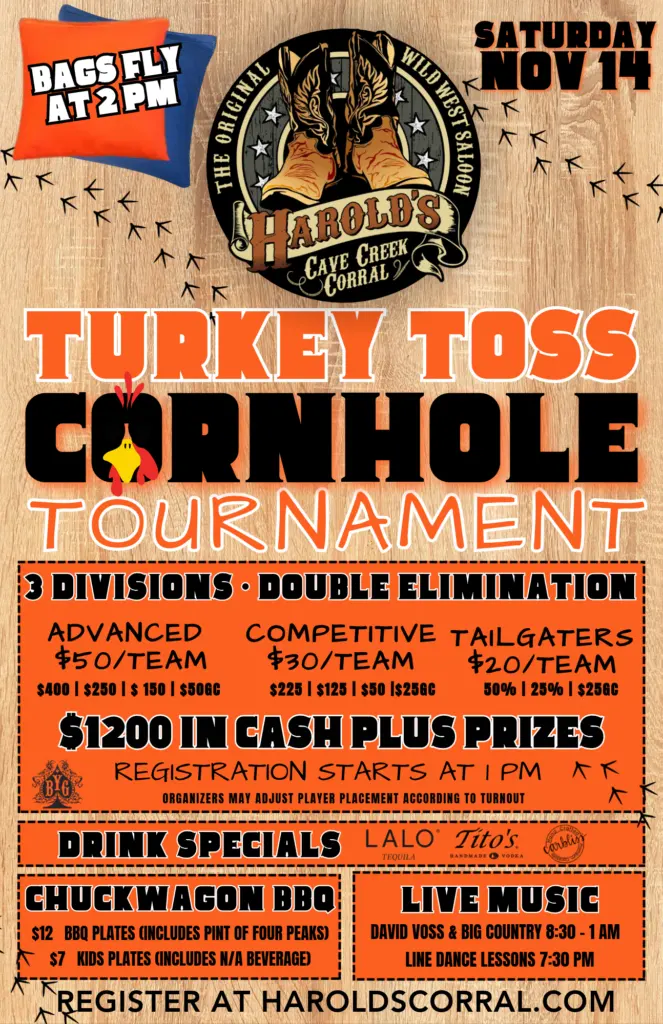 Turkey Toss Cornhole Tournament at harold's corral in cave creek