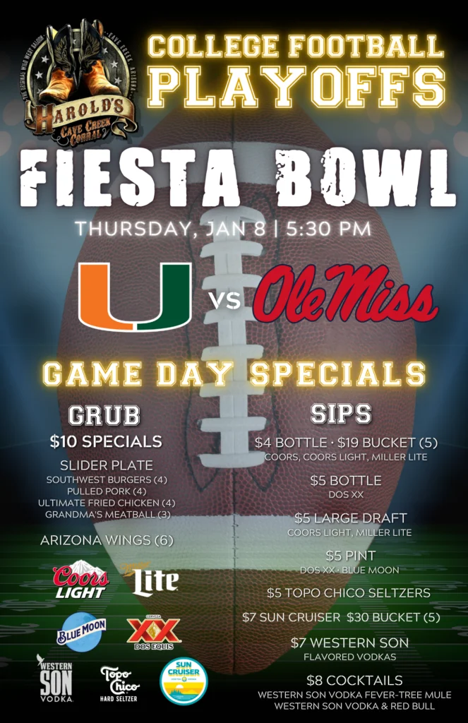Watch the fiesta bowl at harold's corral in cave creek