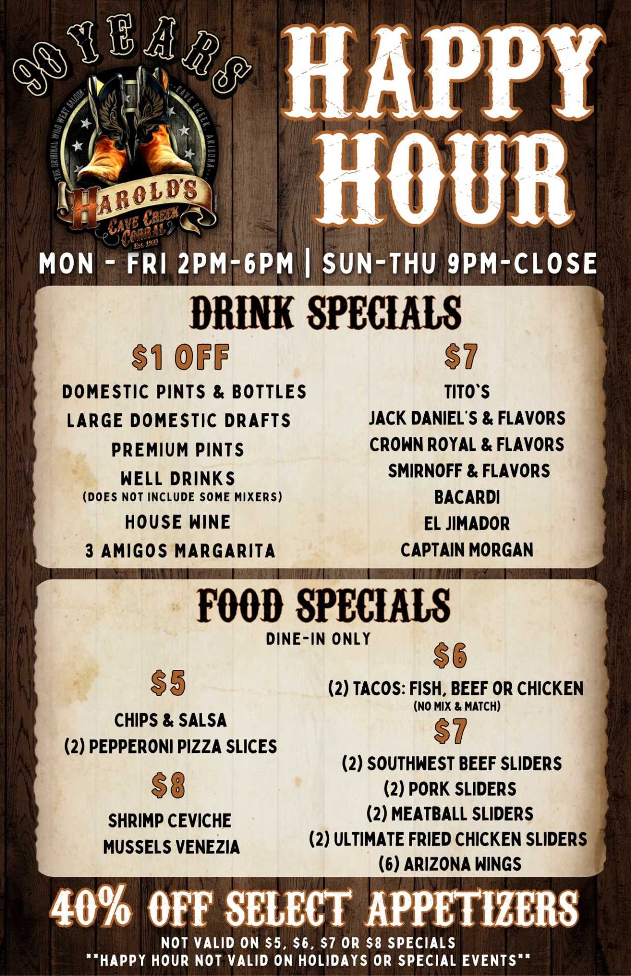 happy hour specials at Harold's Corral in cave creek