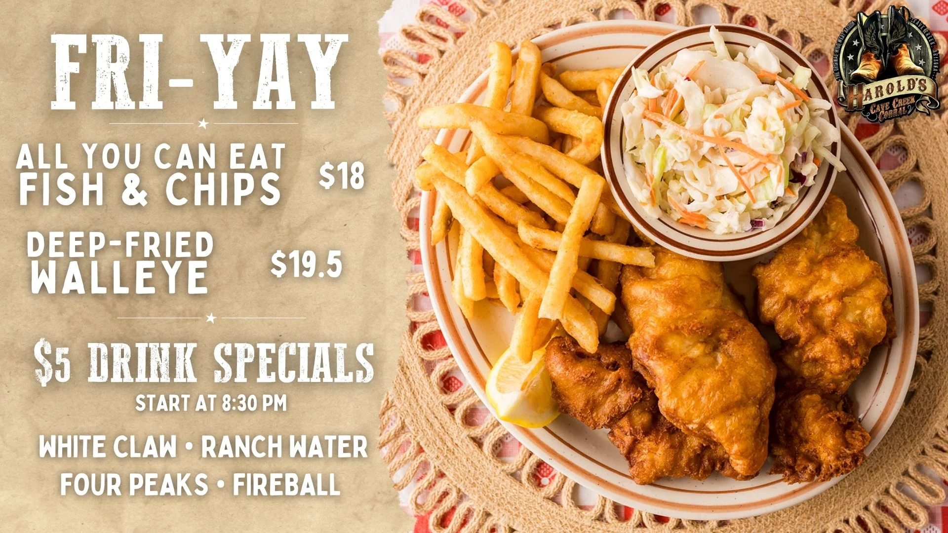 all you can eat fish and chips at harold's corral on friday