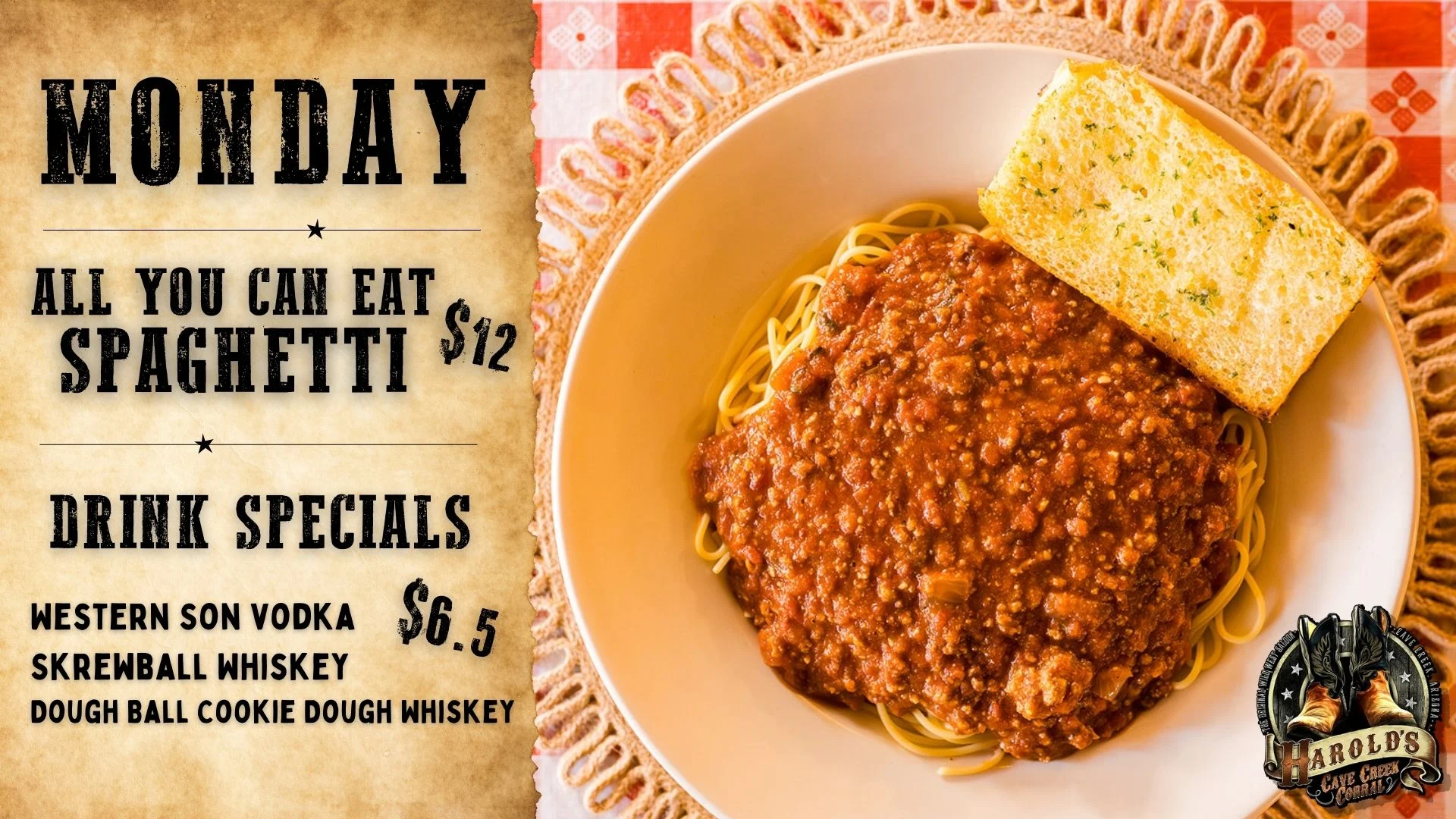 monday all you can eat spaghetti at harold's corral in cave creek