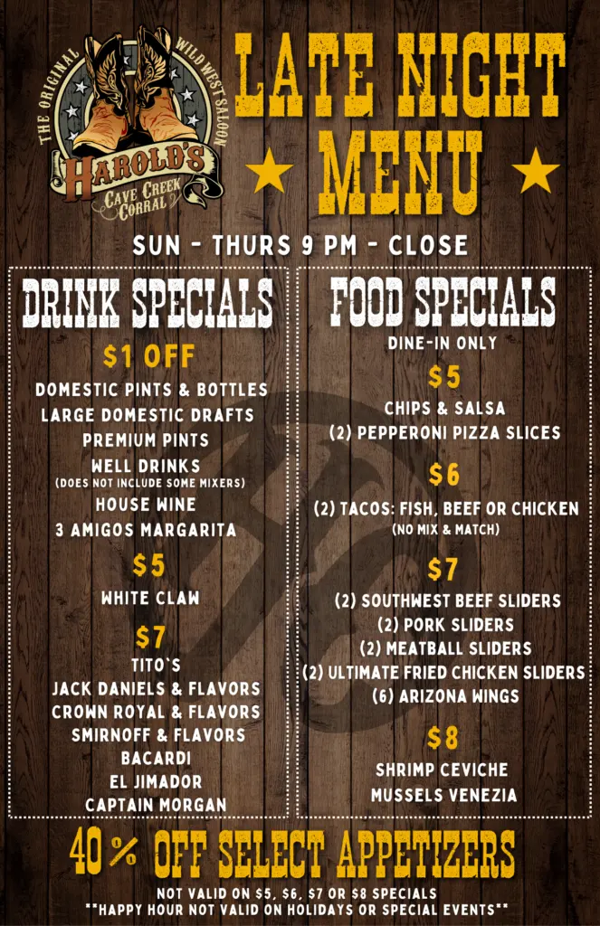 late night menu at harold's corral in cave creek