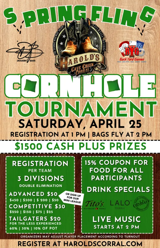 spring fling cornhole tournament at Harold's Corral in cave creek